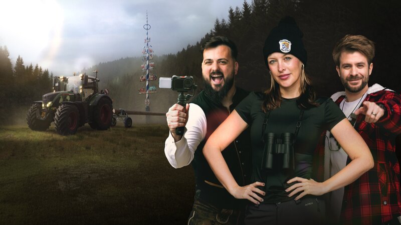 Key Visual/​Cover Sendereihenbild ohne Typo zu „Maibaum Hunters“ Staffel 1. Die Burschenvereine Unterföhring, Feldmoching und Hochbrück-Oberschleißheim entsenden ihre fünf besten Mitglieder, um bei der neuen BR-Show Maibäume zu stehlen. In Zusatzaufgaben erspielen sie sich Zeit, in der die Bäume unbeaufsichtigt bleiben … Die Content Creator, von links: Saint Skye, Julia „Tschuggi“ Nageler und Zeo. – Bild: Jonas Mertens /​ Yhana Weigelt /​ BR /​ EndemolShine Germany