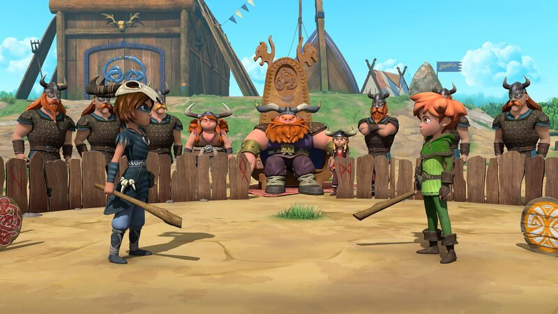 Stig (l.) kämpft gegen Robin (r.), um sein Gesicht vor den Wikingern zu wahren. – Bild: Method Animation – ZDF, ZDF Studios, KidsMe
