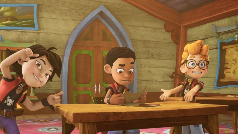 Zoe, Finn und Alexander geben alles, um dem Inspekteur zu beweisen, wie gut sie von ihrer Lehrerin Käpt’n Raubein unterrichtet wurden. – Bild: Method Animation – Mediawan kids & family.