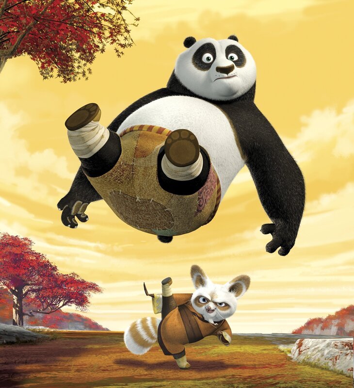 Meister Shifu (unten) sucht nach Mitteln und Wegen, um dem ungelenkigen Pandabären Po (oben) die Kunst des Kung Fu-Kampfes beizubringen … – Bild: Viacom International Inc /​ Nickelodeon