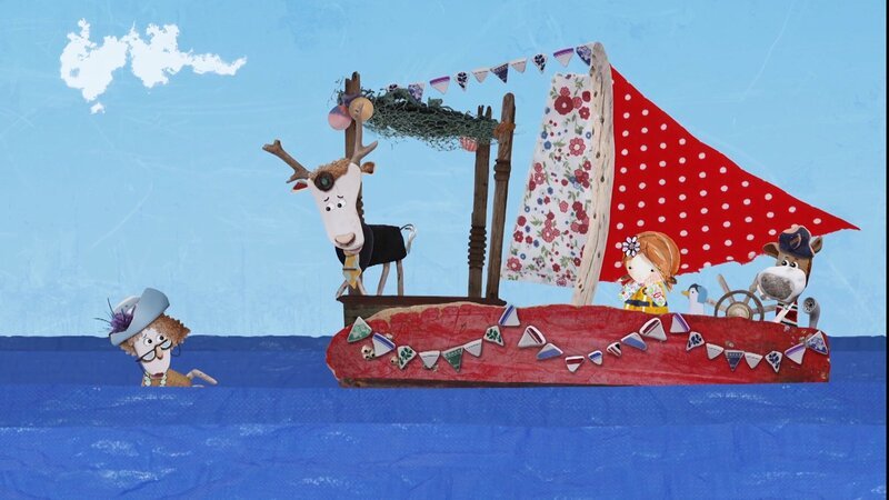 Ohje, Lord von Hirschs Mutter ist über Bord gefallen. Lord von Hirsch, Lily und Salty müssen sie retten. – Bild: KiKA/​Sixteen South