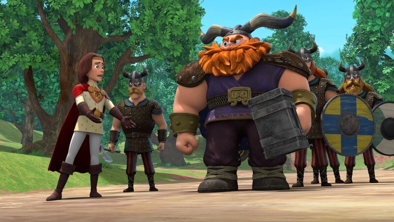 König Richard (li.) versucht Fürst Harald (M.) und seine Wikinger zu beruhigen. Irgend jemand spielt hier ein doppeltes Spiel. – Bild: Method Animation – ZDF /​ ZDF Studios /​ KidsMe