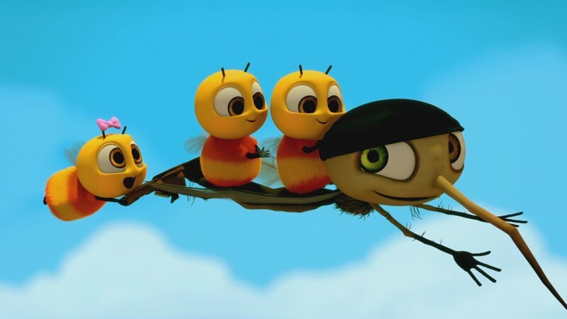 Micki Mücke zeigt den drei Bienenschülerinnen, wie man Bestäubungs-Flugmanöver an schwer zugänglichen Blumen fliegt. – Bild: ZDF/​ METHOD ANIMATION/​BIDIBUL PRODUCTIONS/​ZDF ENTERPRISES