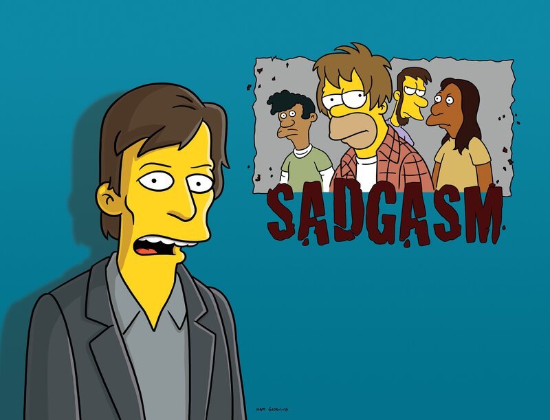 Die Musiknachrichten werden unterbrochen und Kurt Loder (l.) verkündet die Auflösung der Grunge-Band „Sadgasm“, deren Leadsänger Homer Simpson (3.v.r.) ist … – Bild: und TM Twentieth Century Fox Film Corporation – Alle Rechte vorbehalten Lizenzbild frei