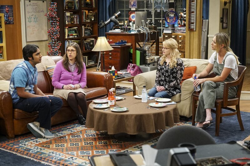 Raj (Kunal Nayyar, l.) erklärt Amy (Mayim Bialik, 2.v.l.) und Bernadette (Melissa Rauch, 2.v.r.), dass er bei Penny (Kaley Cuoco, r.) und Leonard ausziehen möchte, um sein Leben wieder in den Griff zu bekommen … – Bild: HBOH