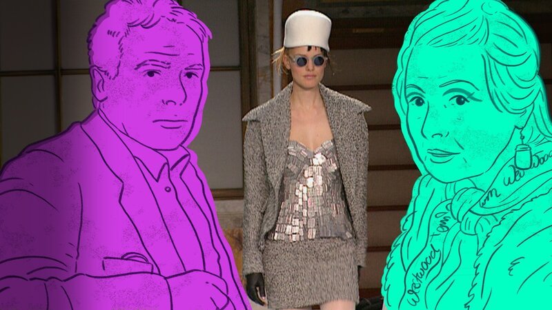 Grafik von Pierre Bourdieu und Vivienne Westwood vor einer Modeschau – Bild: SRF/​LOOKSfilm