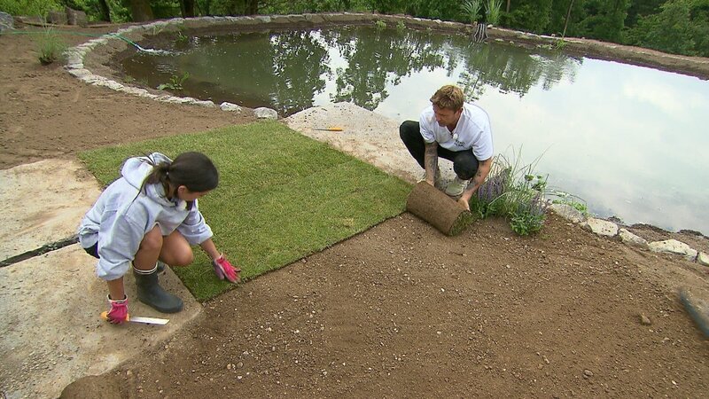 Familie Stahl verlegt den Rollrasen um ihren neuen Schwimmteich. – Bild: ZDF