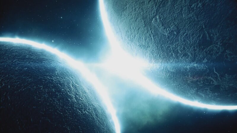 Bei der Kollision zweier Neutronensterne entstehen Elemente, die unser Leben prägen – zum Beispiel Gold. – Bild: Rob Elliott /​ ZDF