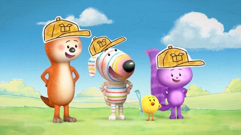 Das Lieferteam ist komplett: Ozzy (links), Dylan, Bitsy und Daisy sind bereit für ihr heutiges Spiel „Lieferdienstfahrer“. – Bild: ZDF/​9 Story Media Group Inc.