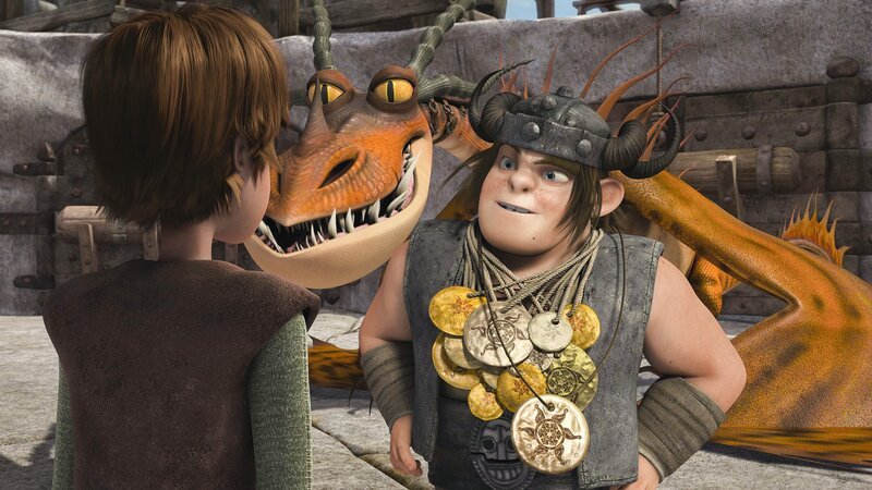 „Dragons – Die Reiter von Berk“, „Die Tauwetter-Festspiele.“ Auf Berk finden die sogenannten Tauwetter-Festspiele statt. Aus diesen Wettkämpfen geht Rotzbakke regelmäßig als Sieger hervor. Auch heuer gilt er als klarer Favorit und genießt es, im Mittelpunkt der Aufmerksamkeit zu stehen. Schließlich sind aus seiner Sicht die Vorschusslorbeeren mehr als gerechtfertigt. Hicks hat langsam die Nase voll von Rotzbakkes Angebereien. Um ihm einen Denkzettel zu verpassen, beschließt er, alles daranzusetzen, diesmal selbst auf dem Siegerpotest zu landen. – Bild: ORF 1