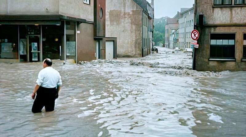 Der Film blickt auf die dramatischen Ereignisse im Juli 1965 zurück, als Ostwestfalen-Lippe von der schwersten Hochwasserkatastrophen der Nachkriegszeit heimgesucht wurde. Auch Teile von Niedersachsen, Hessen und der damaligen DDR wurden überflutet. Besonders hart traf das Hochwasser das Dorf Etteln südlich von Paderborn. Wegen seiner Tallage lief das Dorf voll wie eine Wanne, Menschen kämpften ums Überleben, während die Helfer fieberhaft und oft vergeblich versuchten, die Eingeschlossenen zu retten. – Paderborn, Giersmauer Ecke Giersstraße. Ein Anwohner checkt die Lage (Foto nachcoloriert mit KI) – Bild: WDR/Stadt- und Kreisarchiv Pader Der Film blickt auf die dramatischen Ereignisse im Juli 1965 zurück, als Ostwestfalen-Lippe von der schwersten Hochwasserkatastrophen der Nachkriegszeit heimgesucht wurde. Auch Teile von Niedersachsen, Hessen und der damaligen DDR wurden überflutet. Besonders hart traf das Hochwasser das Dorf Etteln südlich von Paderborn. Wegen seiner Tallage lief das Dorf voll wie eine Wanne, Menschen kämpften ums Überleben, während die Helfer fieberhaft und oft vergeblich versuchten, die Eingeschlossenen zu retten. – Paderborn, Giersmauer Ecke Giersstraße. Ein Anwohner checkt die Lage (Foto nachcoloriert mit KI) – Bild: WDR/Stadt- und Kreisarchiv Pader