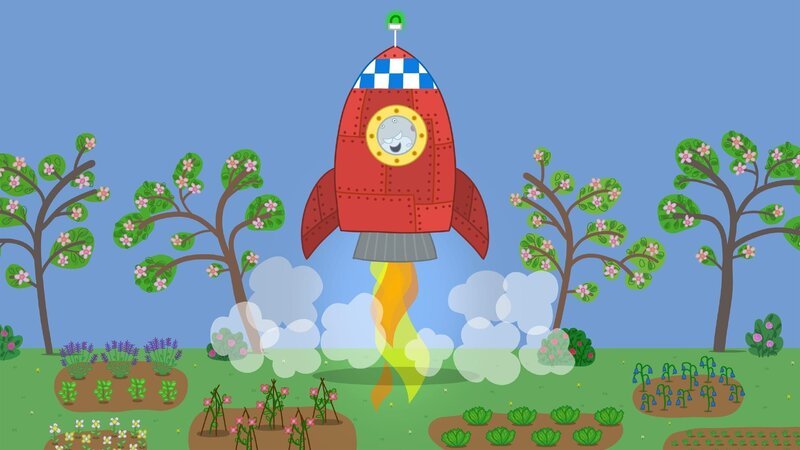 Oma Wutz und ihre Freundinnen spielen heute die Apollo Mondlandung nach. Peppa und Schorsch schließen sich an und Opi Mümmel hat ihnen sogar seine Rakete ausgeliehen. Als alle an Bord sind, startet Opi Mümmel die Rakete und fliegt bis zum Mond. – Bild: RTL