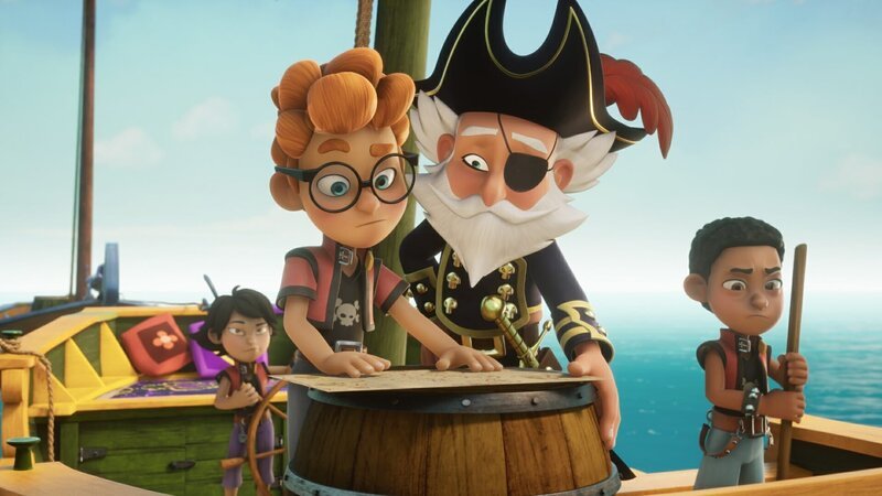 Alexander zeigt dem „Einäugigen Piet“ die Schatzkarte, die hoffentlich verrät, wo Käpt’n Goldbarts legendärer Schatz zu finden ist. – Bild: ZDF/​Method Animation/​Mediawan kids & family