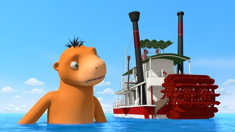 Amadeus, der riesige Meeresdrache ist neugierig, was Chef, der mit einem Schiff angereist ist, wohl von ihm will. – Bild: ZDF/​Caligari Film