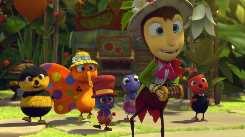 Die Gartenbewohner freuen sich schon auf die Party von Micki. Mit Gregor Grilles musikalischer Unterstützung tanzen sie – Heini Hummel, Walter, der Falter, Klaus, die Laus, Anna Ameise und Paula Pünktchen – sich schon einmal ein. – Bild: METHOD ANIMATION – BIDI /​ BIDIBUL PRODUCTIONS