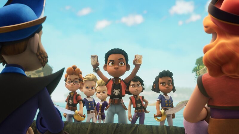 Finn und seine Klassenkameraden haben sich von Käpt’n Flint und Käpt’n Raubein ihr Kartenspiel zurückerobert. – Bild: ZDF und Method Animation – Mediawan kids & family