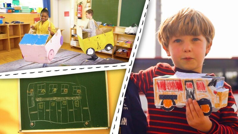 Kinder malen und basteln Busse und spielen damit. – Bild: KiKA/​Motion Works GmbH