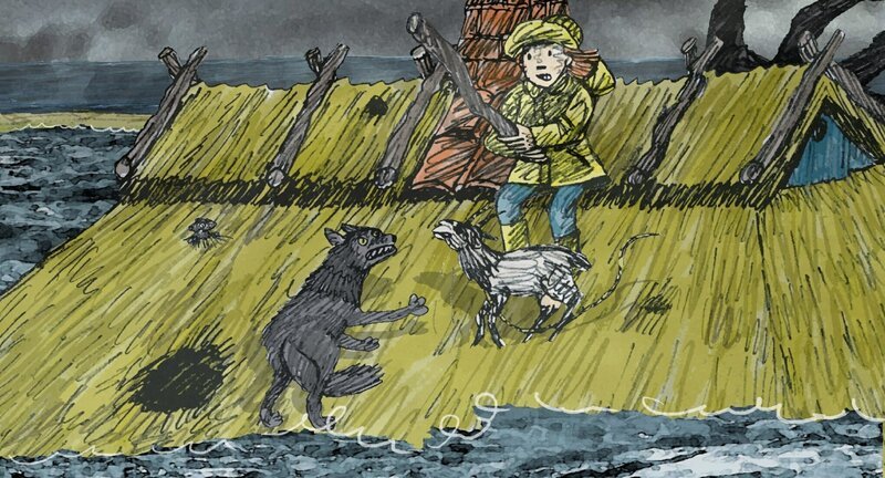 Nicht nur die Sturmflut bedroht das Mädchen und seine Ziege, nun ist es auch noch ein Wolf! – Bild: ZDF/​Michael Zamjatnins