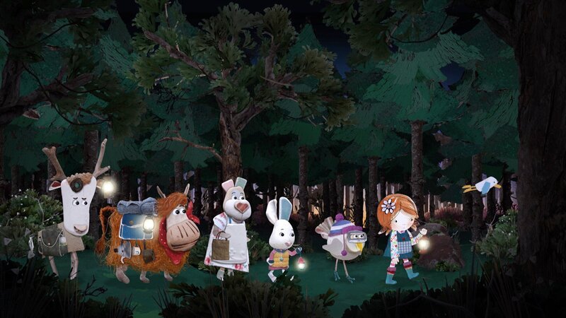 Lily und die anderen folgen Salty in den Wald und fürchten sich, weil es schon so dunkel ist. – Bild: KiKA/​Sixteen South