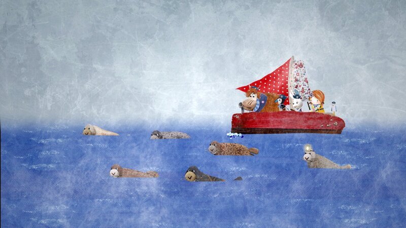 Die Robben führen Lily und ihre Freunde auf der Delilah durch den Nebel zur Insel, wo sie Salty vergessen haben. – Bild: KiKA/​Sixteen South