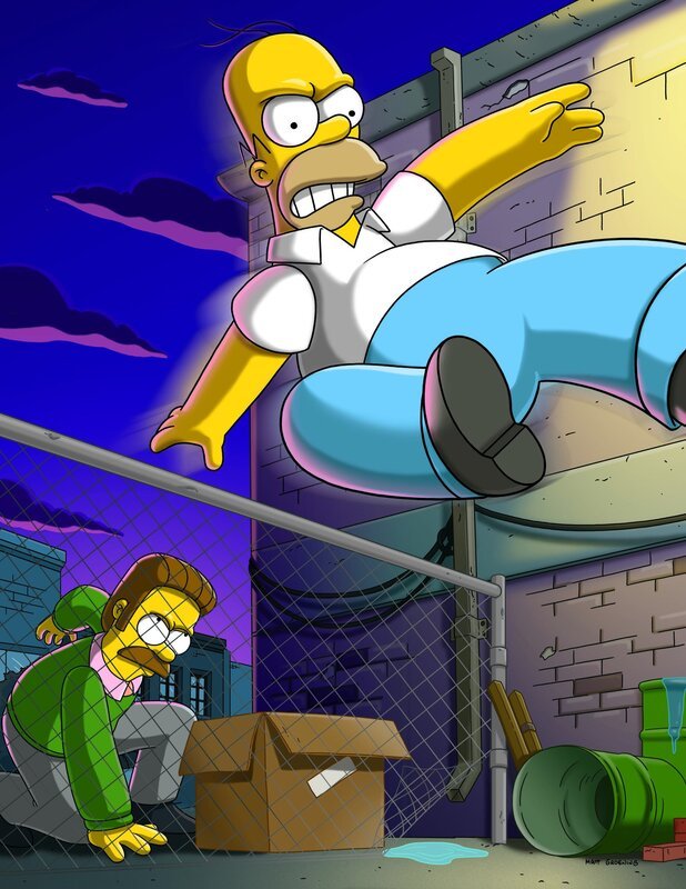 Homer (r.) beschließt Kopfgeldjäger zu werden. Bei seinem ersten Fall hilft ihm Ned Flanders (l.) unbewusst und zufällig, was dazu führt, dass er seinen ersten Fall erfolgreich abschließen kann. Und da auch Ned einem kleinen Nebenverdienst nicht abgeneigt ist, arbeiten die beiden fortan als Team zusammen … – Bild: und TM Twentieth Century Fox Film Corporation – Alle Rechte vorbehalten Lizenzbild frei