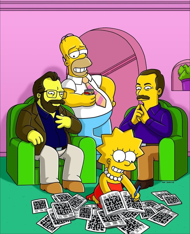Mit Hilfe von Rätselbauer Merl Reagle (l.) und dem Herausgeber der New York Times-Kreuzworträtsel, Will Shortz (r.), hat Homer (2.v.l.) eine versteckte Botschaft für Lisa (2.v.r.) vorbereitet. – Bild: und TM Twentieth Century Fox Film Corporation – Alle Rechte vorbehalten Lizenzbild frei