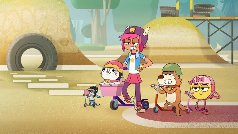 Bo, Flo und die restliche Familie amüsieren sich mit ihren Rollern im Park, bis plötzlich Susie und Stevie Schmidt auftauchen. Die beiden Rollerprofis sorgen für Ärger und wollen den Park für sich allein. – Bild: SUPER RTL