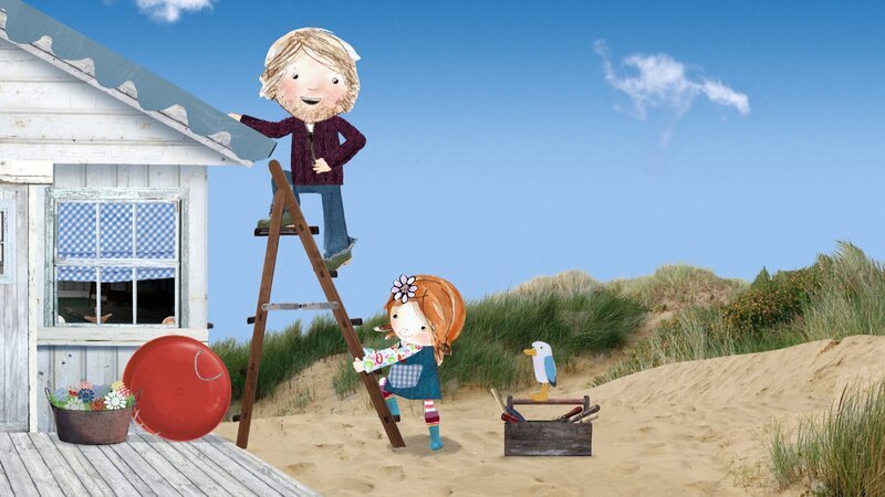 Lily glaubt zu alt zu sein, um auf Strandschatz Eilandzu spielen und hilft stattdessen ihrem Papa bei einer „Erwachsenenarbeit“. – Bild: KiKA/​Sixteen South