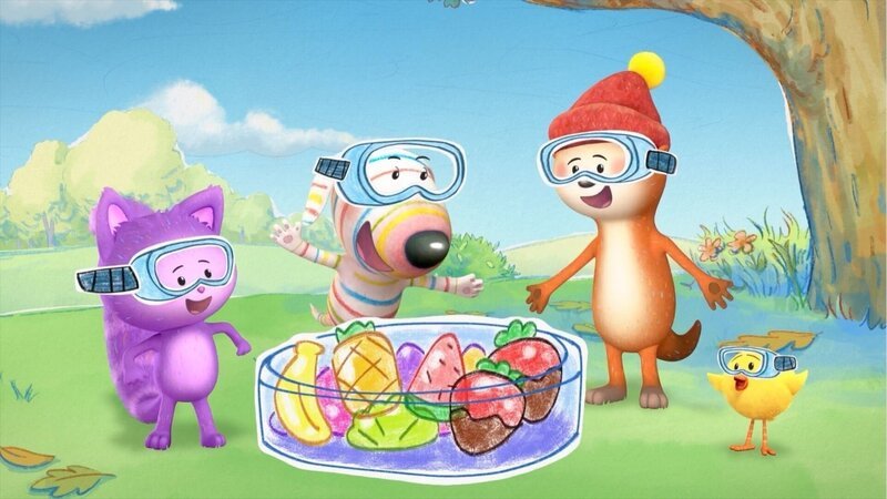 In ihrem imaginären Labor wollen Daisy (links), Dylan (2. von links), Ozzy (3. von links) und Bitsy viele neue Süßigkeiten kreieren. – Bild: ZDF/​9 Story Media Group Inc.