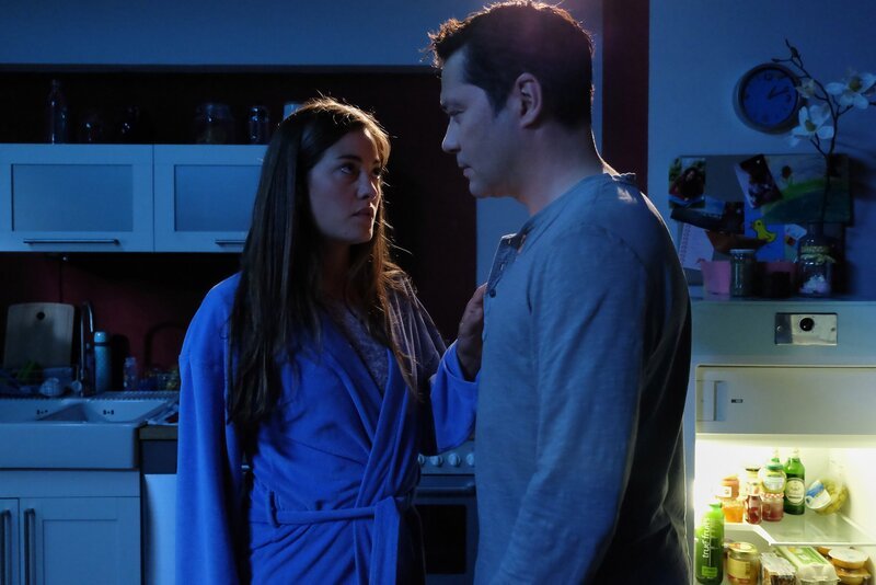 Franzi Wilde (Maja Lehrer) und Philipp Brentano (Thomas Koch) nachts in der Küche, es kommt zum Kuss. – Bild: MDR/​Saxonia Media Filmproduktion/​Kiss