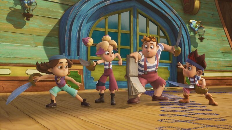 An eine Schule ganz ohne Lehrer könnten sich die Schüler der Pirate Academy, wie auch Sina (l.), Erika (2.v.l.), Conan (2.v.r.) und Raul (r.), gewöhnen. Jetzt kann man den ganzen Tag tun, zu was man gerade Lust hat. – Bild: ZDF und Method Animation – Mediawan kids & family