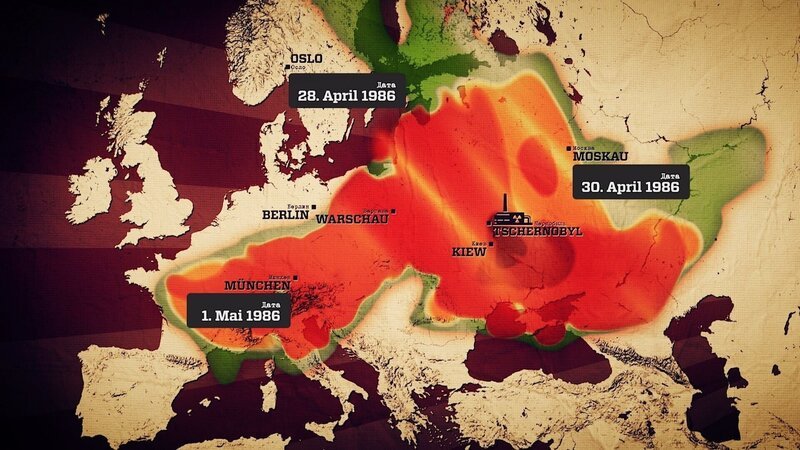 Die radioaktive Strahlung verteilte sich mit dem Wind über ganz Europa. Europakarte mit Ausbreitung der radioaktiven Strahlungswolke im Frühjahr 1986. – Bild: ORF/​LOOKS Film/​Ronald Grüner