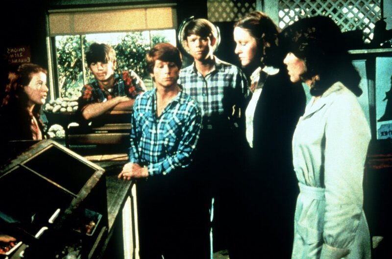 Während Ike im Krankenhaus seinen Herzinfarkt auskuriert, führen die Waltons-Kinder, (v.l.n.r.) Elizabeth (Kami Cotler), Jim Bob (David W. Harper), Ben (Eric Scott), Jason (Jon Walmsley), Erin (Mary Beth McDonough) und Mary Ellen (Judy Norton-Taylor), seinen Gemischtwarenladen. – Bild: Sat.1 Gold