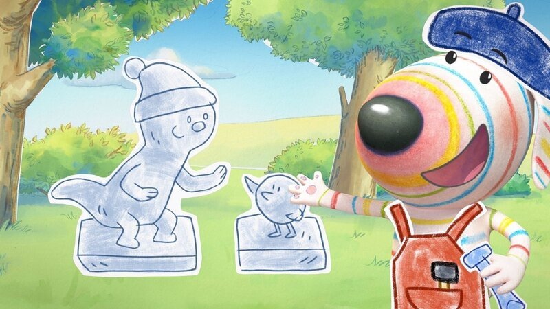 Bildhauer Dylan (rechts) ist ein echter Künstler: Stolz präsentiert er seine neuesten Werke – Skulpturen seiner Freunde Ozzy (links) und Bitsy (Mitte). – Bild: ZDF/​9 Story Media Group Inc.