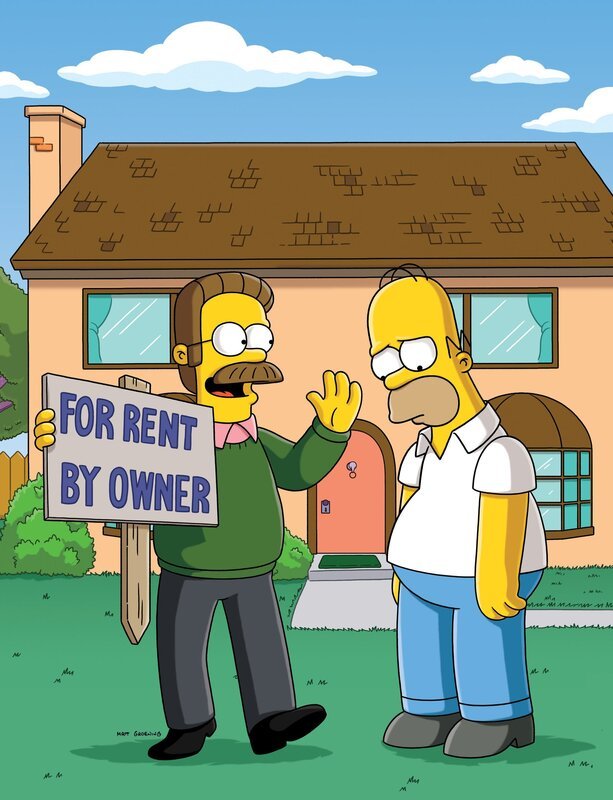 Homer (r.) hat mal wieder über die Stränge geschlagen und die Familie wird Opfer der Zwangsversteigerung ihres Hauses. Ned Flanders (l.) hat Mitleid mit seinen Nachbarn und ersteigert kurzerhand das Haus der Simpsons. – Bild: und TM Twentieth Century Fox Film Corporation – Alle Rechte vorbehalten Lizenzbild frei