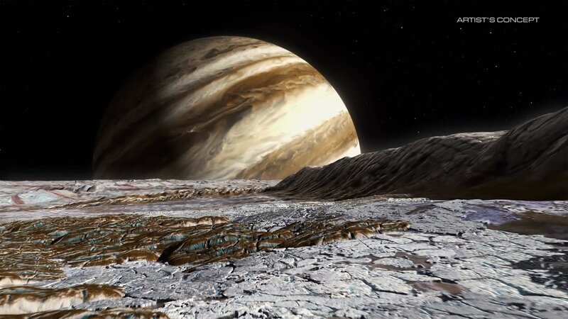 Dieses Bild ist eine von der NASA erstellte künstlerische Darstellung, die einen simulierten Blick von der Oberfläche des Europa, eines der Jupitermonde, zeigt – Bild: CuriosityStream-Inc.
