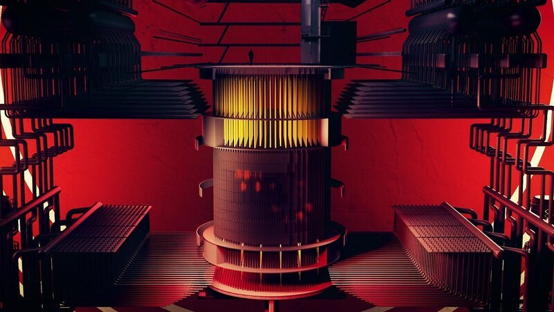 3D-Modell eines RBMK-Reaktors mit gelb eingefärbten Steuerstäben. – Bild: ORF/​LOOKS Film