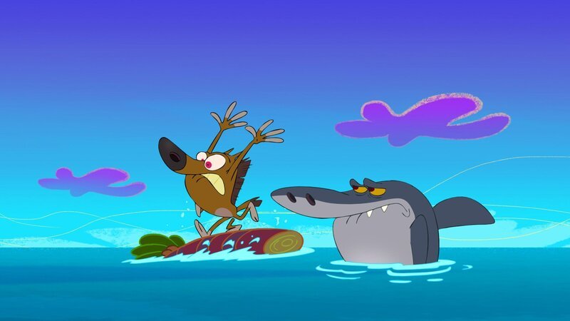 Nicht das Hyäne Zig (li.) zur Mahlzeit wird – Hai Sharko (re.) bekommt bei seinem Anblick großen Appetit. – Bild: CLam Animation