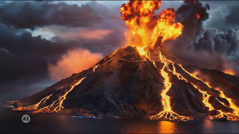 Ein gewaltiger Vulkanausbruch mit fließender Lava, die sich die Hänge hinunter direkt ins Meer ergießt. – Bild: stan /​ A+E Global Media /​ THE HISTORY CHANNEL