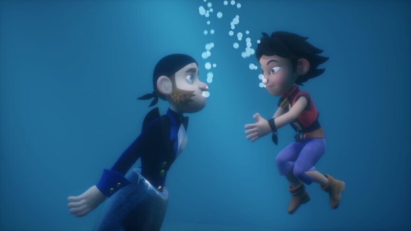 Unter Zoes Anleitung macht Käpt’n Flint gute Fortschritte als Wassermann. – Bild: ZDF und Method Animation – Mediawan kids & family