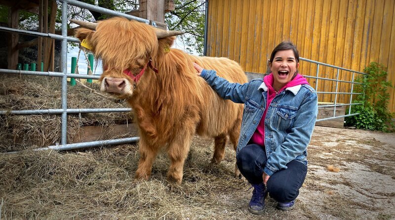 Tierreporterin Anna lernt ein junges Hochlandrind kennen, dessen Name auch Anna ist. – Bild: BR/​Text und Bild Medienproduktion GmbH & Co. KG