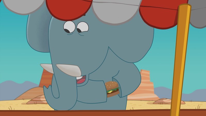 Den Cheeseburger, den Dog und Puck groß finden, ist für den Elefanten eher winzig. – Bild: KiKA/​Dog Loves Productions Limited