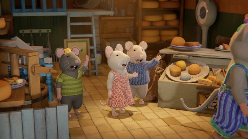 Tonio (l.), Julia (2.v.l.) und Sam (2.v.r.) verabschieden einen der Väter von Tonio (r.). Die Väter wollen neuen Käse für den Käseladen einkaufen gehen. – Bild: Cielo Films – Caribara Product /​ ZDF