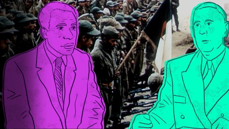 Grafik von Frantz Fanon und Charles de Gaulle vor algerischen Soldaten – Bild: SRF/​LOOKSfilm