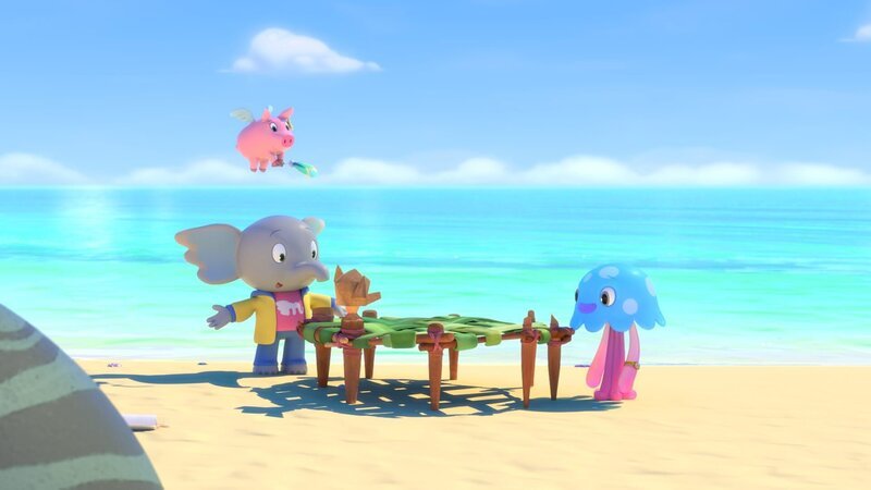 Takolo hat Mamfie ein Trampolin geschenkt! Jetzt möchte sich Mamfie für seinen Freund auch etwas ganz Besonderes ausdenken. – Bild: KiKA/​ZODIAK KIDS STUDIO FRANCE/​ ANIMOKA