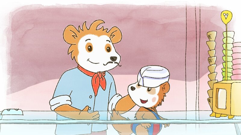 Der Eisverkäufer setzt Bobo seine Mütze auf. – Bild: JEP ANIMATION/​WDR