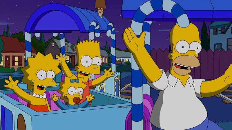 Glück auf Schienen: Homer (r.) mit seinen Kindern Lisa (l.), Maggie (2.v.l.) und Bart (2.v.r.) … – Bild: Twentieth Century Fox Film Corporation