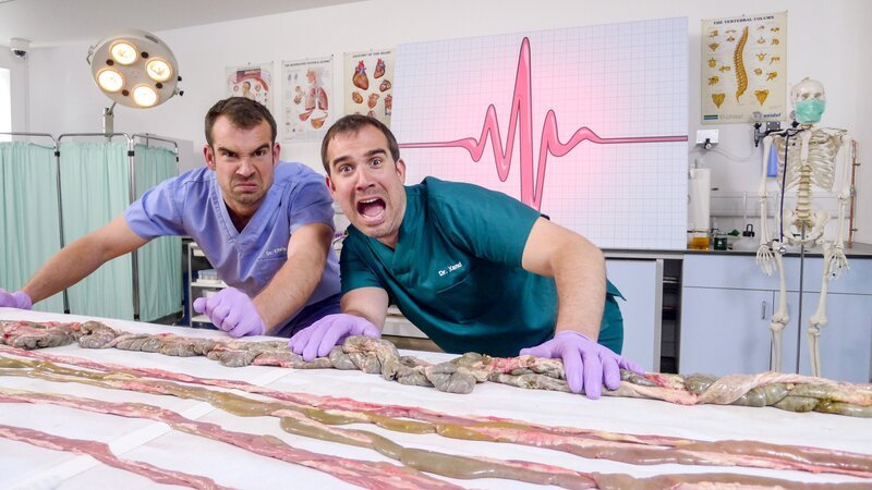 Die Ärzte und Zwillingsbrüder Dr. Chris und Dr. Xand haben ihre ganz eigenen, ungewöhnliche Methoden, um den menschlichen Körper und seine Funktionen zu erforschen. – Bild: ORF/​Serious Kids