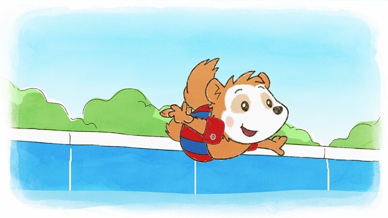 Bobo traut sich ganz alleine vom Beckenrand zu springen. Zum Schluss kann er davon gar nicht genug kriegen! – Bild: JEP ANIMATION/​WDR