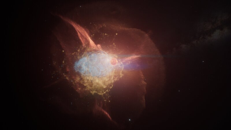 Supernovae vom Typ 1a explodieren alle auf die gleiche Weise und mit der gleichen Helligkeit. So können sie uns Hinweise darauf geben, wie sich das Universum entwickelt hat. – Bild: BBC Studios /​ ZDF und BBC Studios